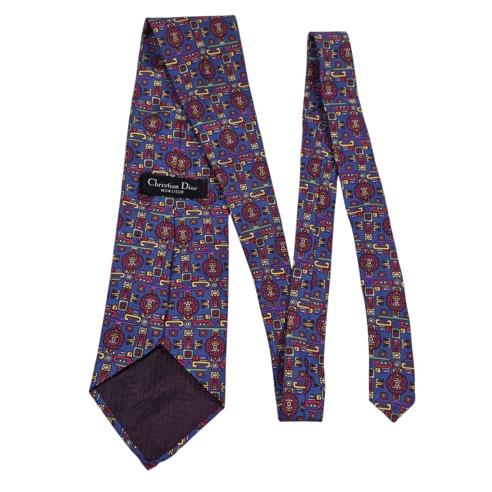 Christian Dior Mens Silk Jacquard Pattern Tie Purple Green Geometric Designer